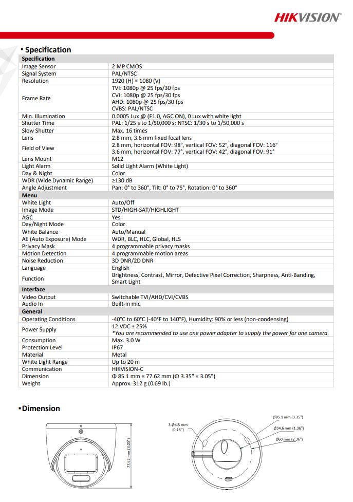 HIKVISION DS-2CE70DF3T-MFS 2MP ColorVu Indoor Audio Fixed Turret Camera