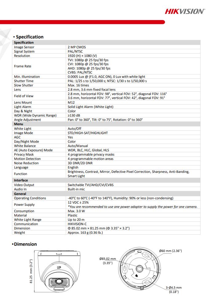 HIKVISION DS-2CE70DF3T-PFS 2MP ColorVu Indoor Audio Fixed Turret Camera