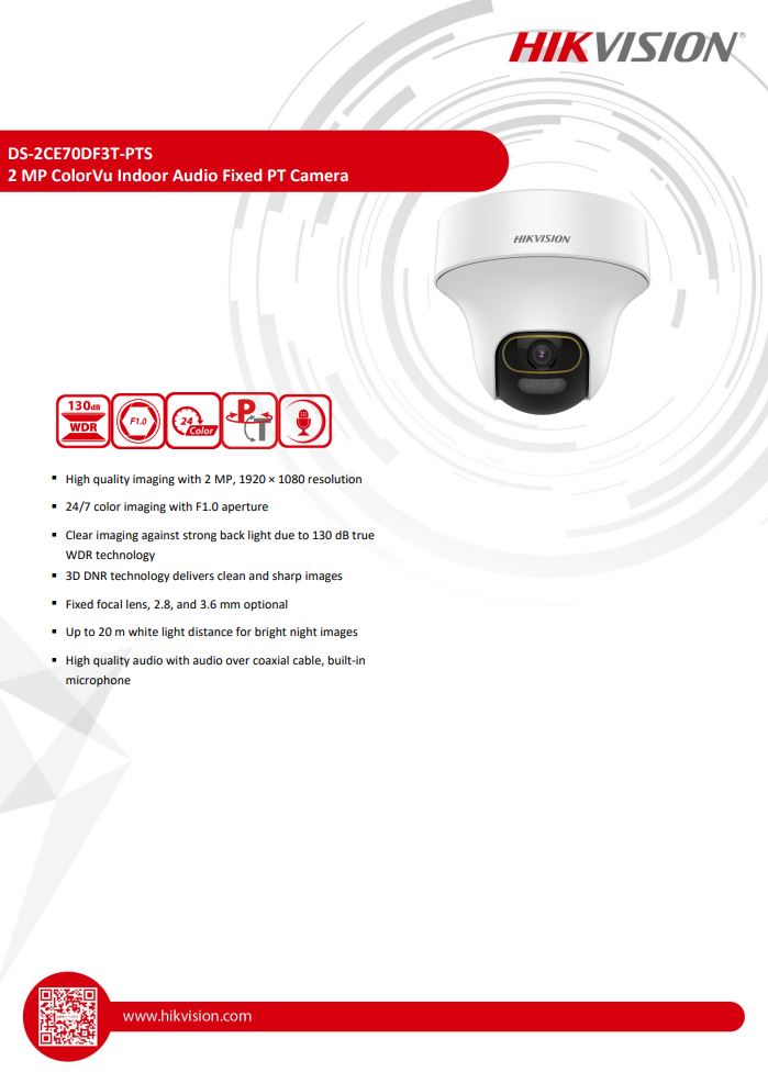 HIKVISION DS-2CE70DF3T-PTS 2MP ColorVu Indoor Audio Fixed PT Camera