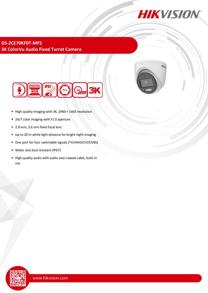 HIKVISION DS-2CE70KF0T-MFS 3K ColorVu Audio Fixed Turret Camera