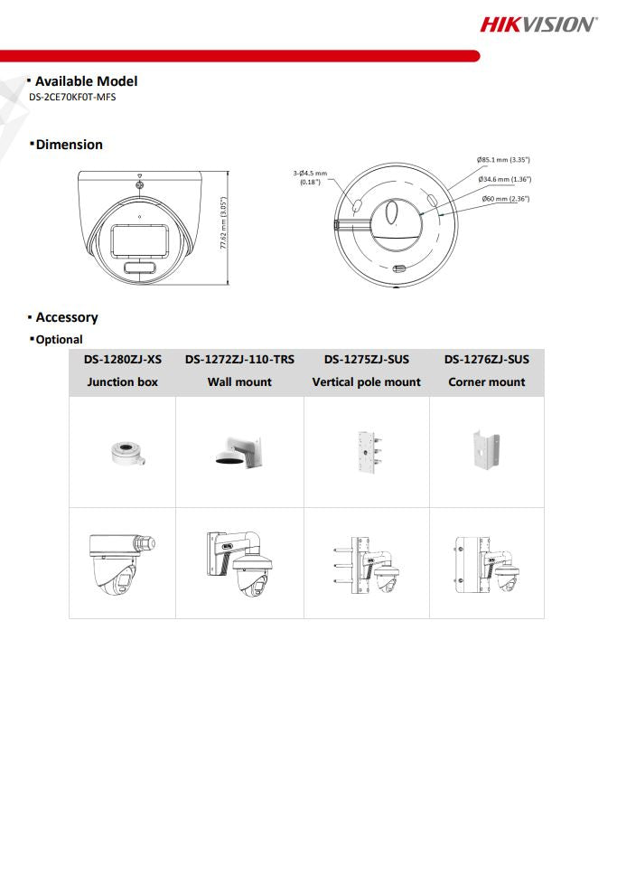 HIKVISION DS-2CE70KF0T-MFS 3K ColorVu Audio Fixed Turret Camera