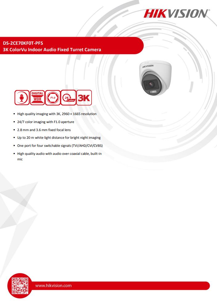 HIKVISION DS-2CE70KF0T-PFS 3K ColorVu Indoor Audio Fixed Turret Camera