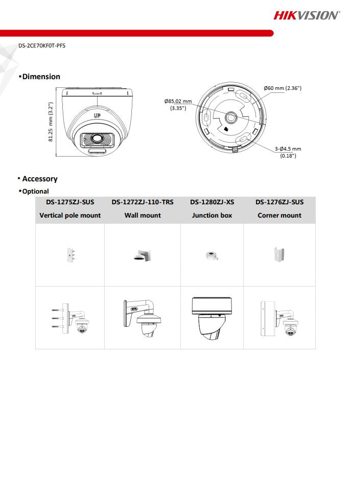 HIKVISION DS-2CE70KF0T-PFS 3K ColorVu Indoor Audio Fixed Turret Camera