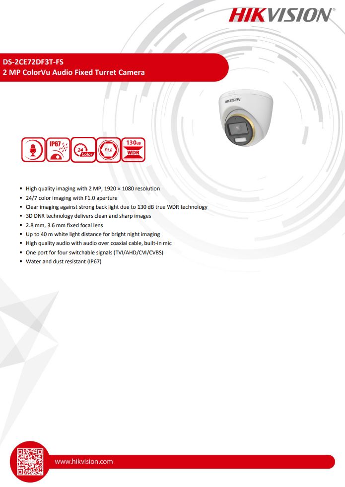 HIKVISION DS-2CE72DF3T-FS 2MP ColorVu Audio Fixed Turret Camera