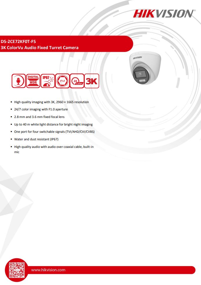 HIKVISION DS-2CE72KF0T-FS 3K ColorVu Audio Fixed Turret Camera
