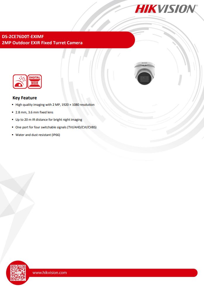 HIKVISION DS-2CE76D0T-EXIMF 2MP Indoor EXIR Fixed Turret Camera