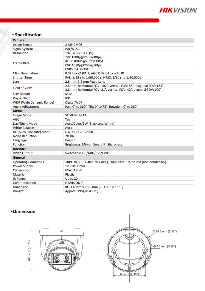 HIKVISION DS-2CE76D0T-EXIPF 2MP Indoor EXIR Fixed Turret Camera (Plastic)