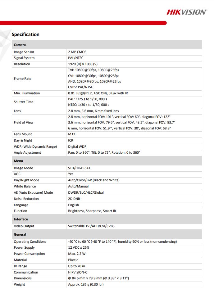 HIKVISION DS-2CE76D0T-ITPF(C) 2MP EXIR Indoor Fixed Turret Camera