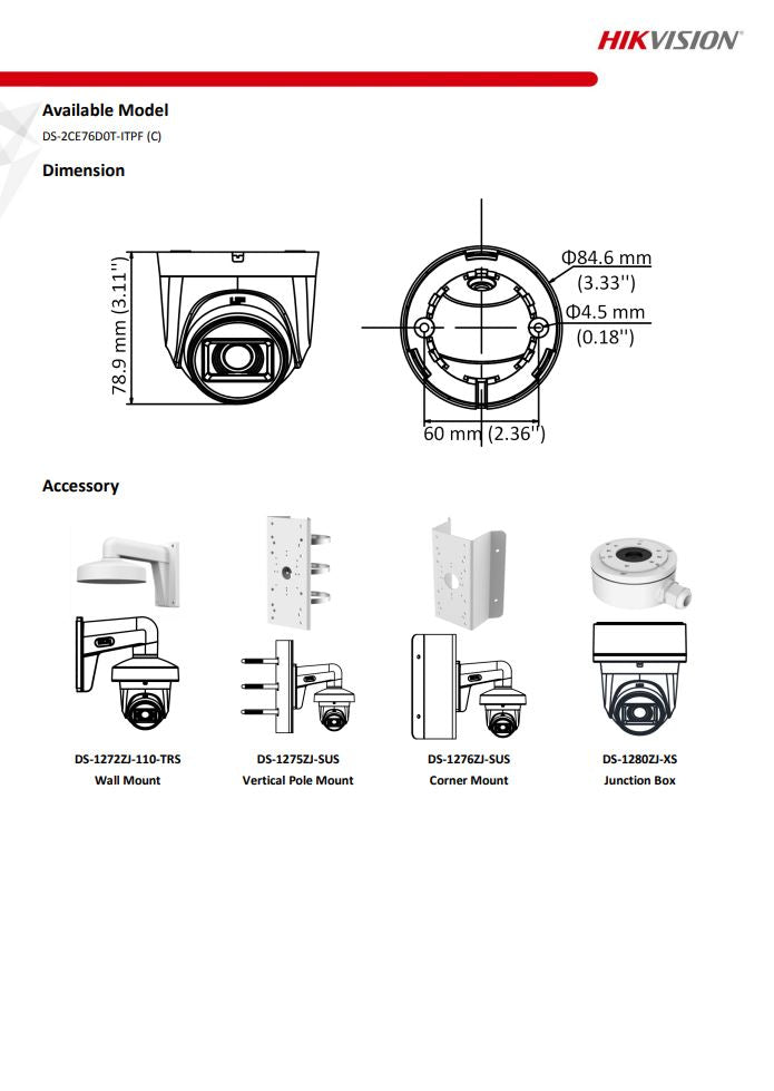 HIKVISION DS-2CE76D0T-ITPF(C) 2MP EXIR Indoor Fixed Turret Camera