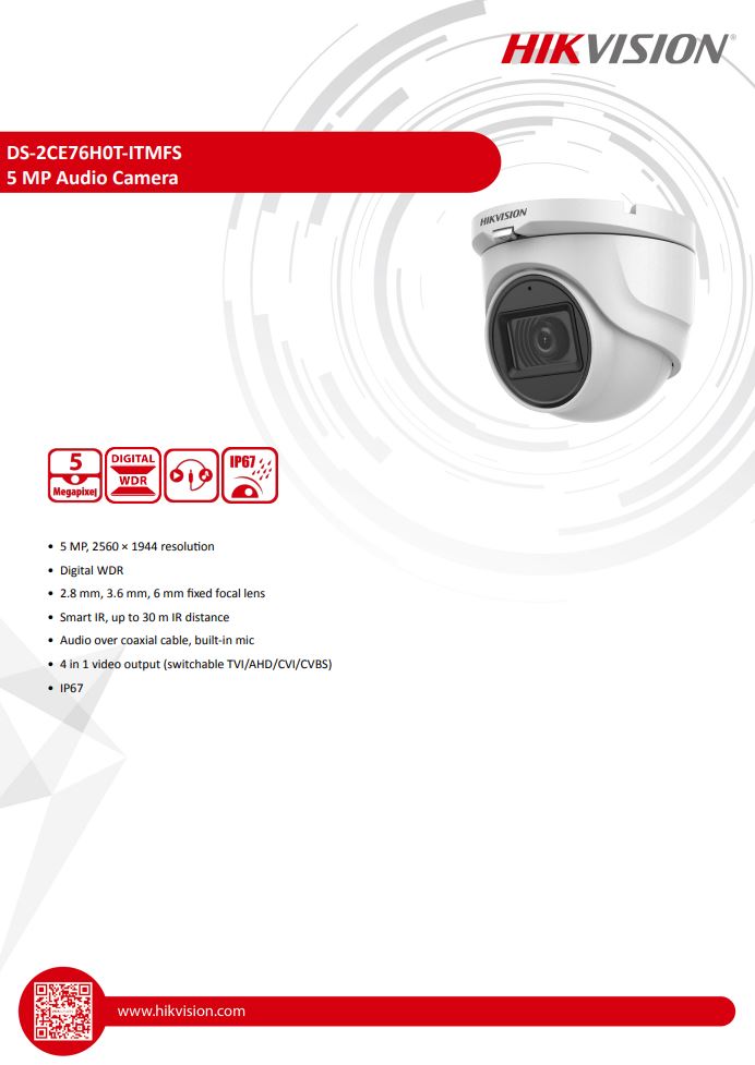 HIKVISION DS-2CE76H0T-ITMFS 5MP Audio Fixed Turret Camera