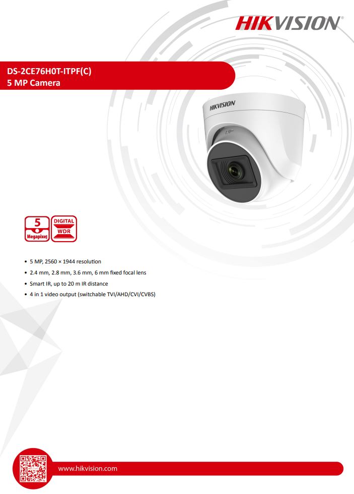 HIKVISION DS-2CE76H0T-ITPF(C) 5MP Indoor Fixed Turret Camera