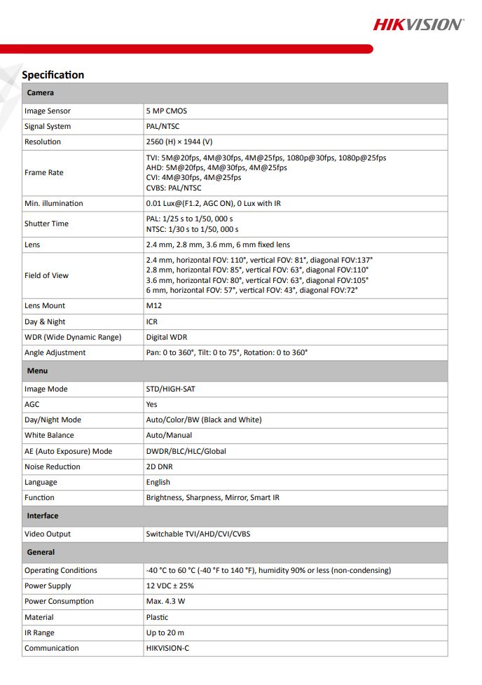 HIKVISION DS-2CE76H0T-ITPF(C) 5MP Indoor Fixed Turret Camera