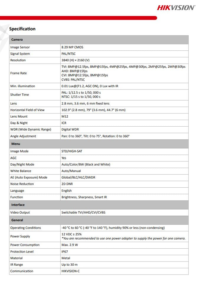 HIKVISION DS-2CE76U0T-ITMF 4K Fixed Turret Camera