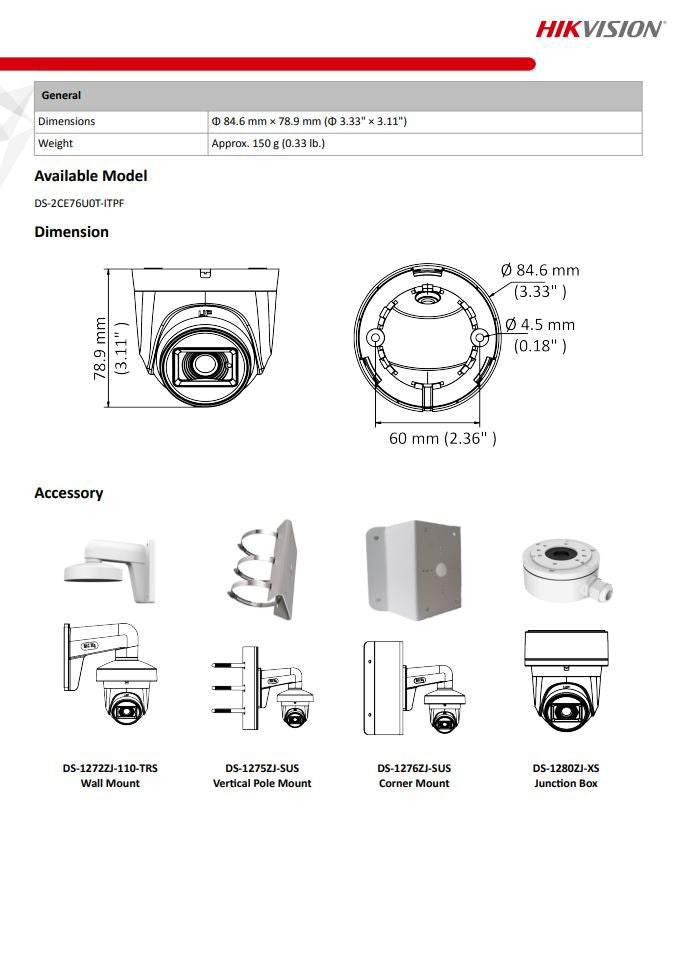 HIKVISION DS-2CE76U0T-ITPF 4K Fixed Turret Camera