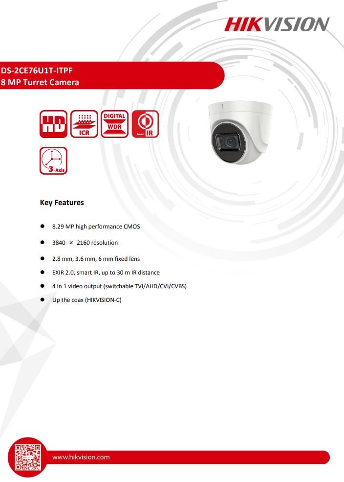 HIKVISION DS-2CE76U1T-ITPF 4K Fixed Turret Camera