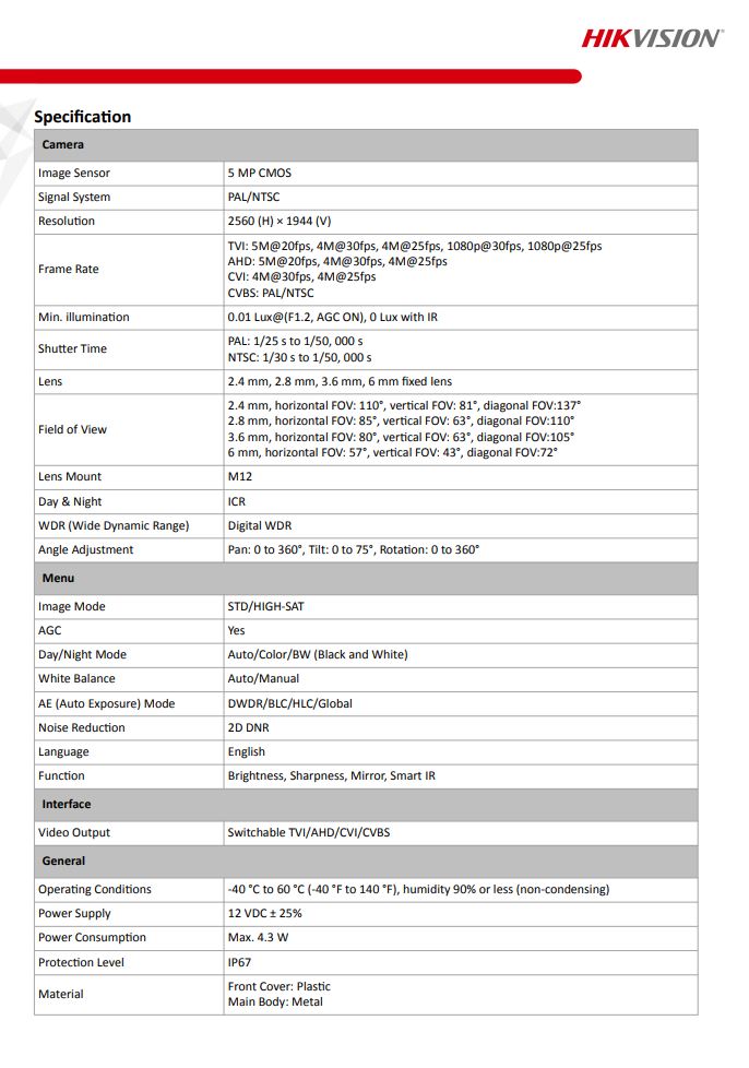 HIKVISION DS-2CE78H0T-IT1F(C) 5MP Fixed Turret Camera