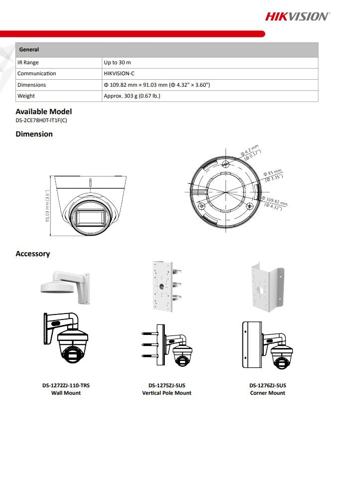 HIKVISION DS-2CE78H0T-IT1F(C) 5MP Fixed Turret Camera