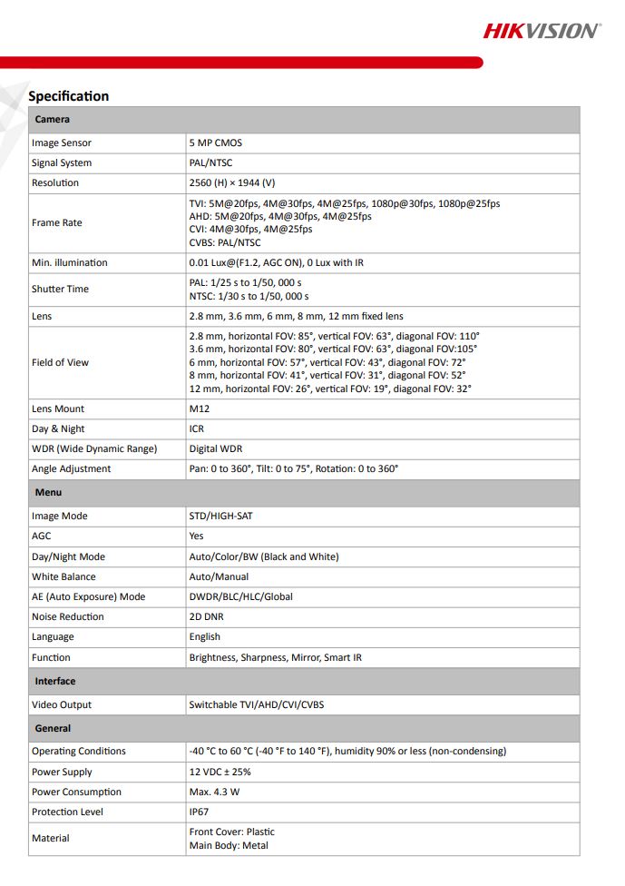 HIKVISION DS-2CE78H0T-IT3F(C) 5MP Fixed Turret Camera