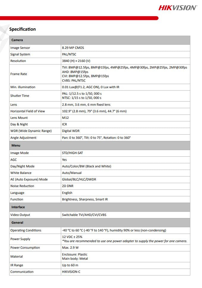 HIKVISION DS-2CE78U0T-IT3F 4K Fixed Turret Camera