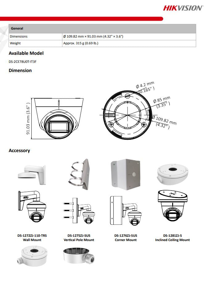 HIKVISION DS-2CE78U0T-IT3F 4K Fixed Turret Camera