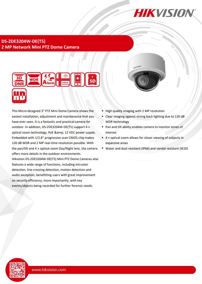 HIKVISION DS-2DE3204W-DE(T5)(B) 3" 2MP 4X Network Speed Dome