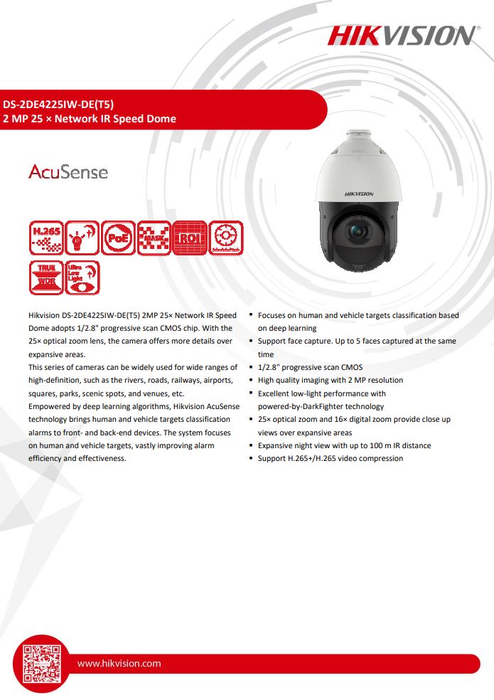 HIKVISION DS-2DE4225IW-DE(T5) 4" 2MP 25X Powered by DarkFighter IR Network Speed Dome with brackets