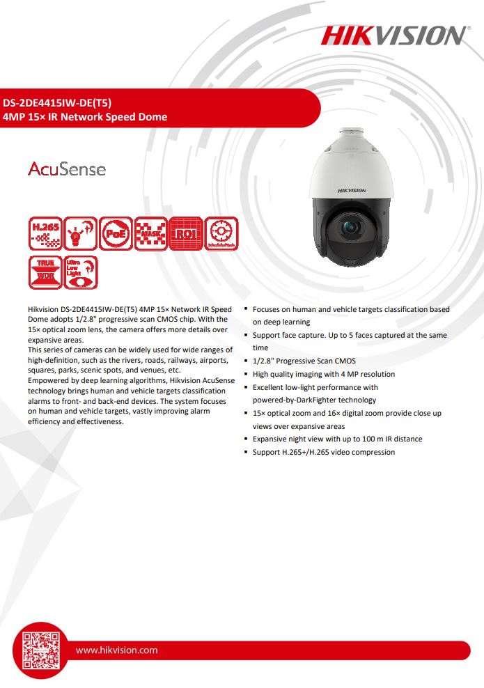 HIKVISION DS-2DE4415IW-DE(T5) 4" 4MP 15X Powered by DarkFighter IR Network Speed Dome with brackets