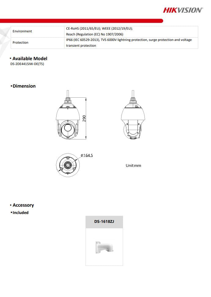 HIKVISION DS-2DE4415IW-DE(T5) 4" 4MP 15X Powered by DarkFighter IR Network Speed Dome with brackets