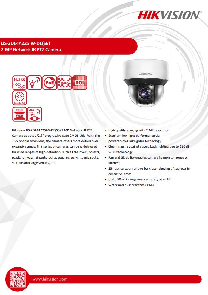 HIKVISION DS-2DE4A225IW-DE(S6) 2" 4MP 25X Powered by DarkFighter IR Network Speed Dome