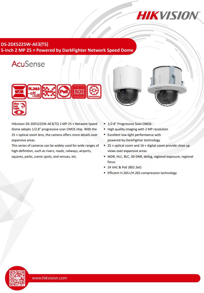 HIKVISION DS-2DE5225W-AE3(T5) 5" 2MP 25X Powered by DarkFighter Network Speed Dome