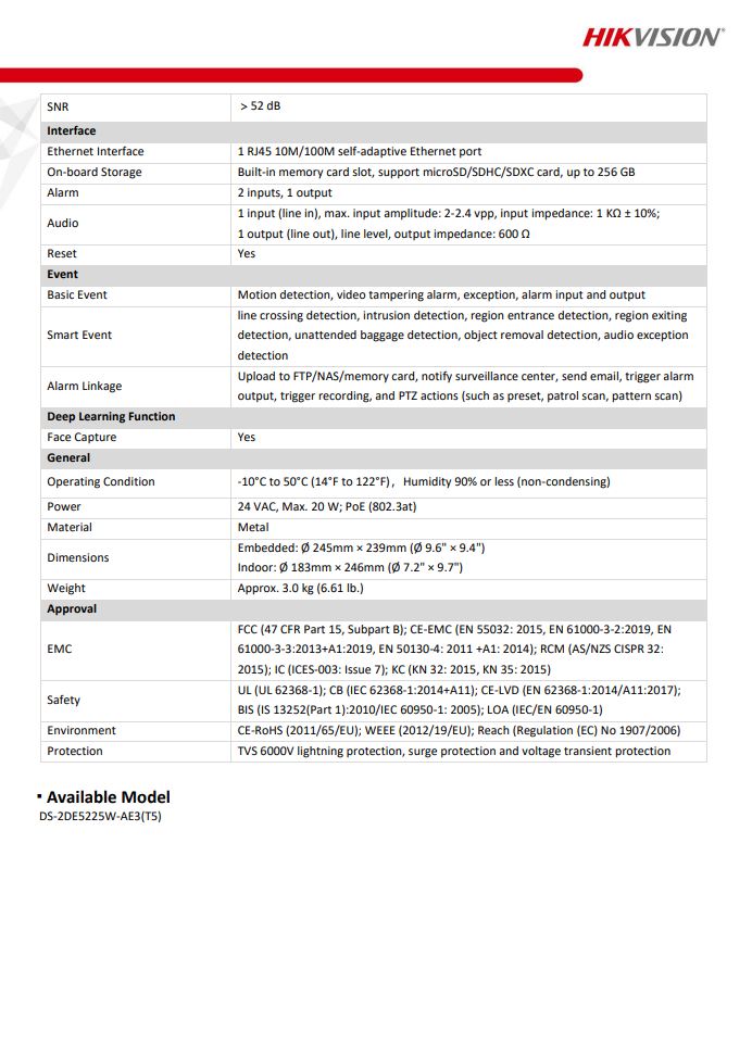 HIKVISION DS-2DE5225W-AE3(T5) 5" 2MP 25X Powered by DarkFighter Network Speed Dome