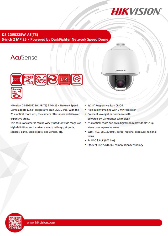 HIKVISION DS-2DE5225W-AE(T5) 5" 2MP 25X Powered by DarkFighter Network Speed Dome with brackets