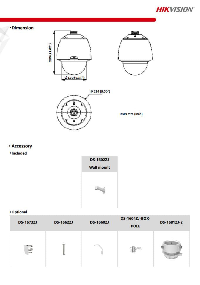 HIKVISION DS-2DE5225W-AE(T5) 5" 2MP 25X Powered by DarkFighter Network Speed Dome with brackets