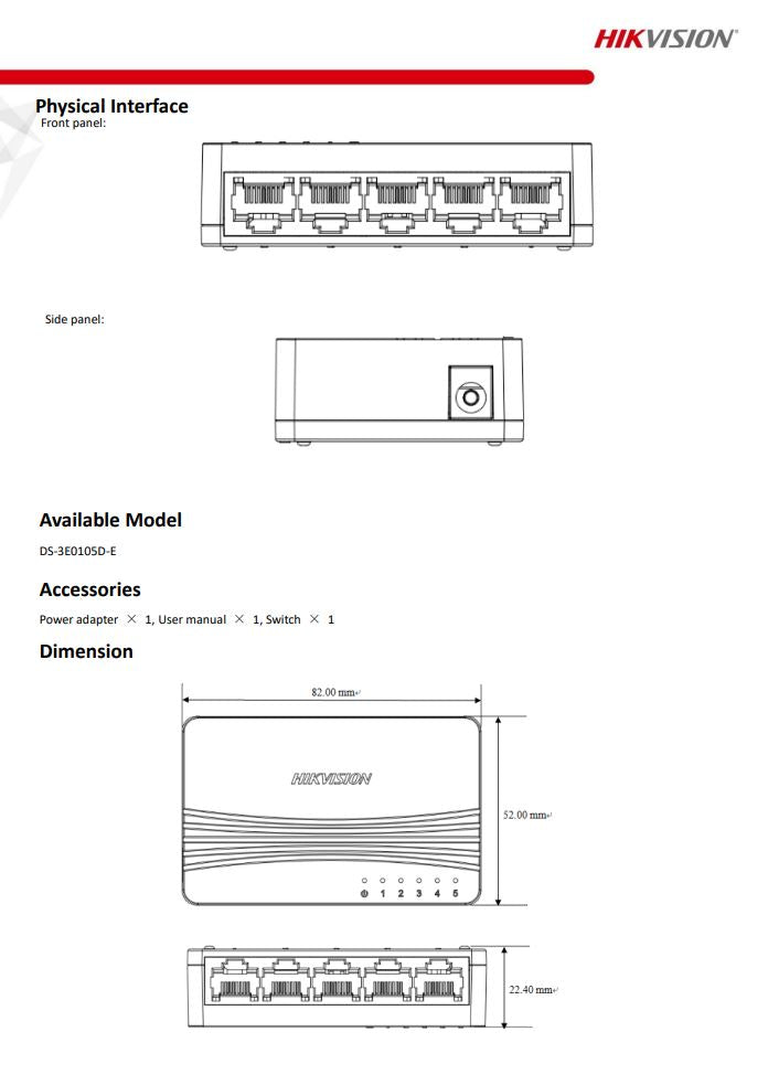 HIKVISION DS-3E0105D-E 5 Port Fast Ethernet Unmanaged Desktop Switch