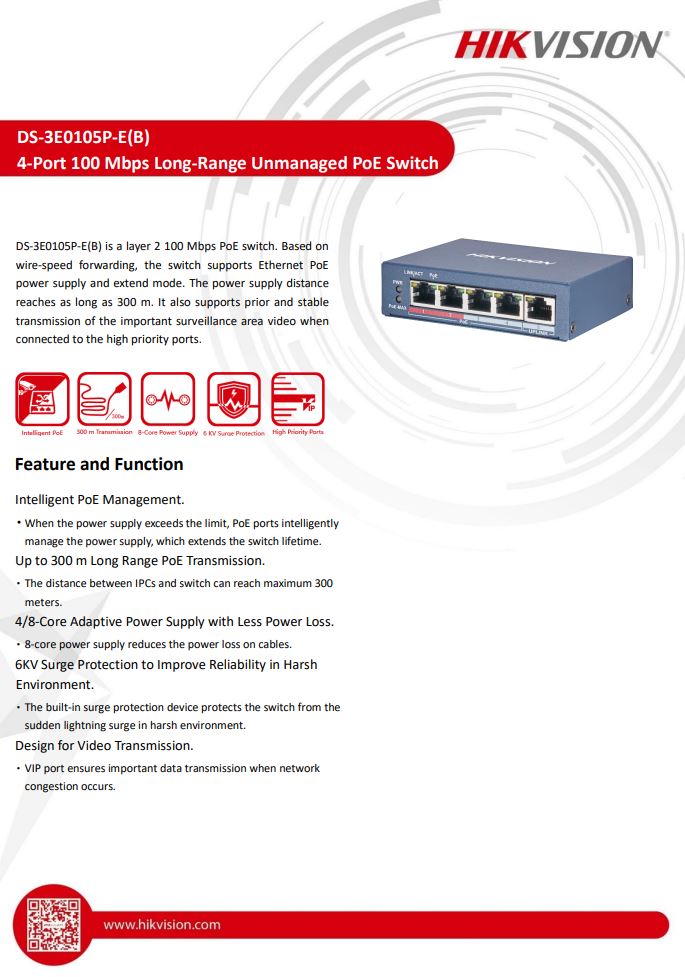 HIKVISION DS-3E0105P-E(B) 4 Port Fast Ethernet Unmanaged PoE Switch