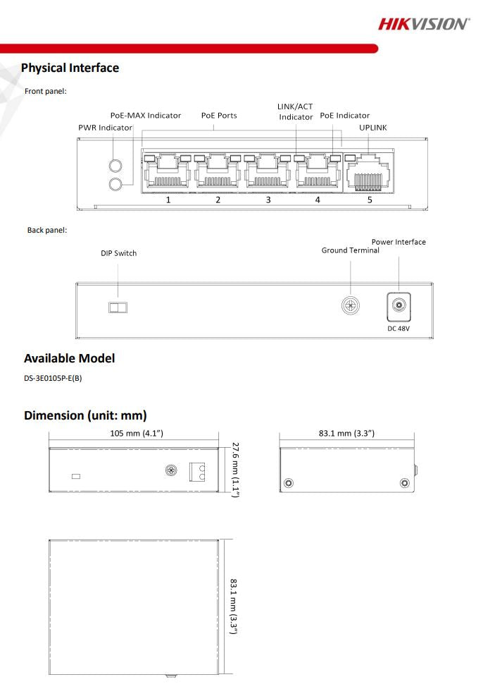 HIKVISION DS-3E0105P-E(B) 4 Port Fast Ethernet Unmanaged PoE Switch