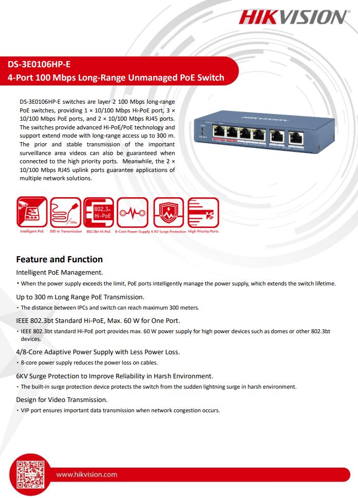 HIKVISION DS-3E0106HP-E 4 Port Fast Ethernet Unmanaged Hi-PoE Switch