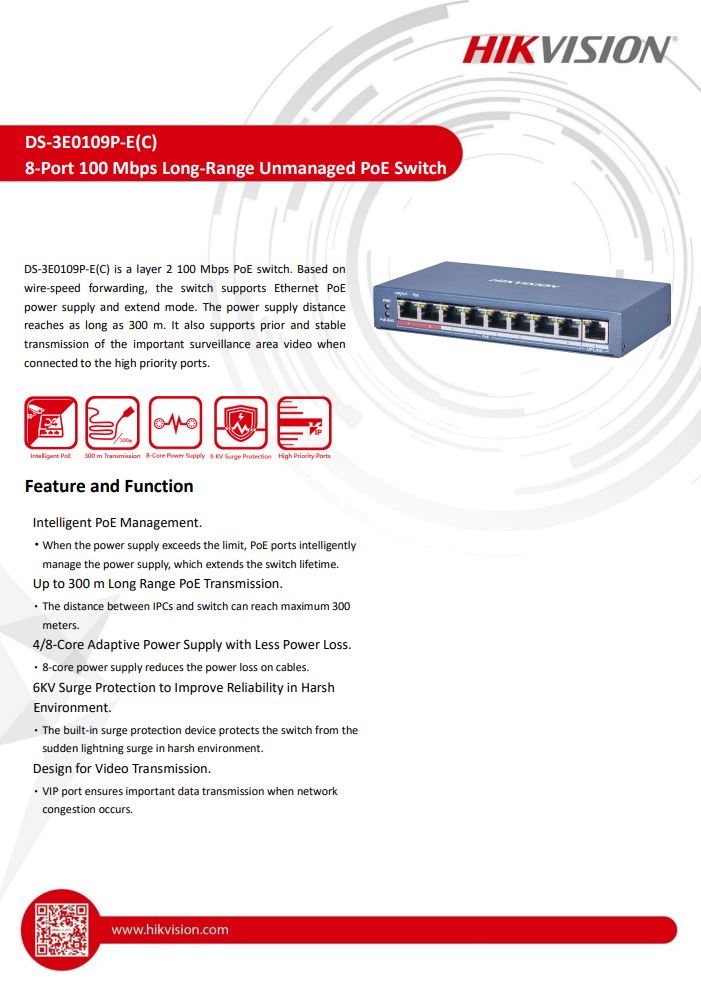 HIKVISION DS-3E0109P-E(C) 8 Port Fast Ethernet Unmanaged PoE Switch