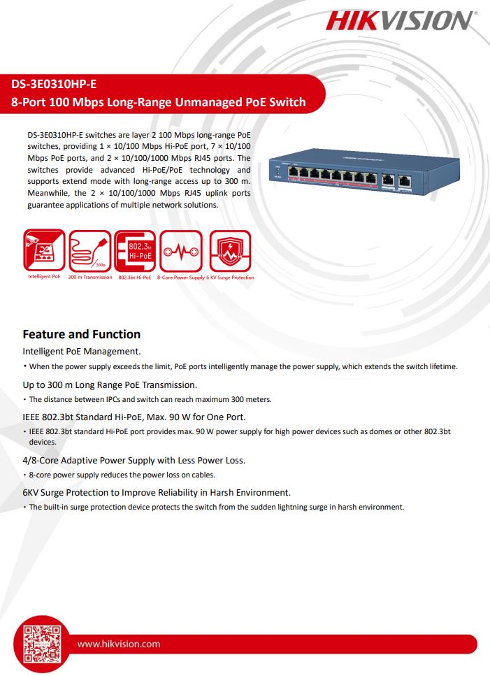 HIKVISION DS-3E0310HP-E 8 Port Fast Ethernet Unmanaged Hi-PoE Switch