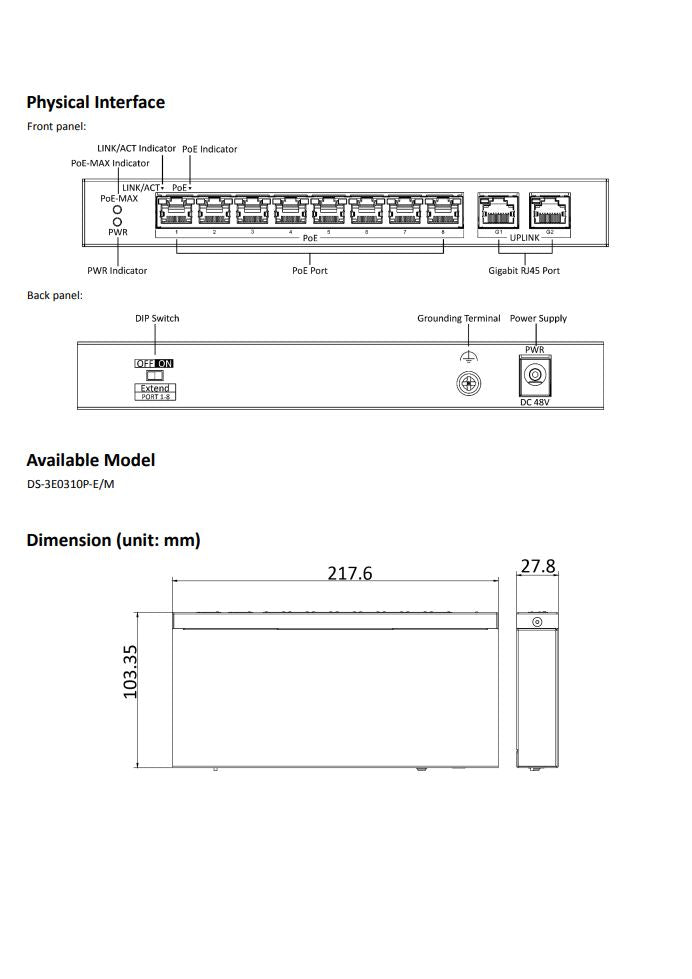 HIKVISION DS-3E0310P-E/M 8 Port Fast Ethernet Unmanaged PoE Switch