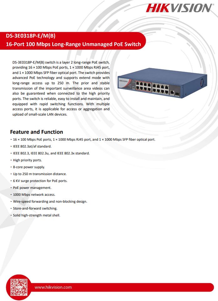 HIKVISION DS-3E0318P-E/M(B) 16 Port Fast Ethernet Unmanaged PoE Switch