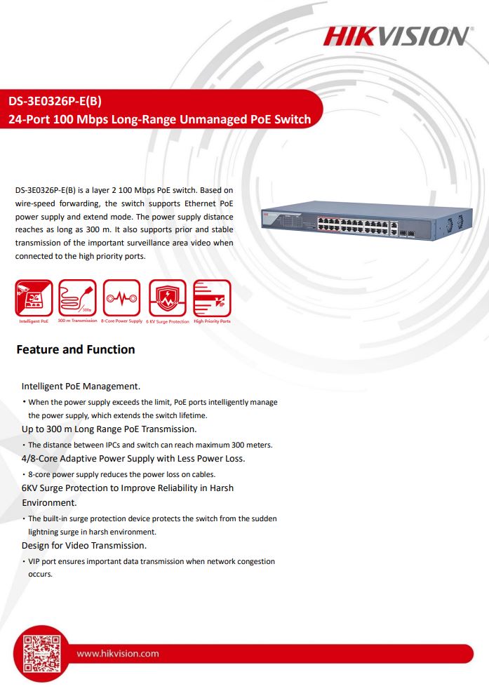 HIKVISION DS-3E0326P-E(B) 24 Port Fast Ethernet Unmanaged PoE Switch