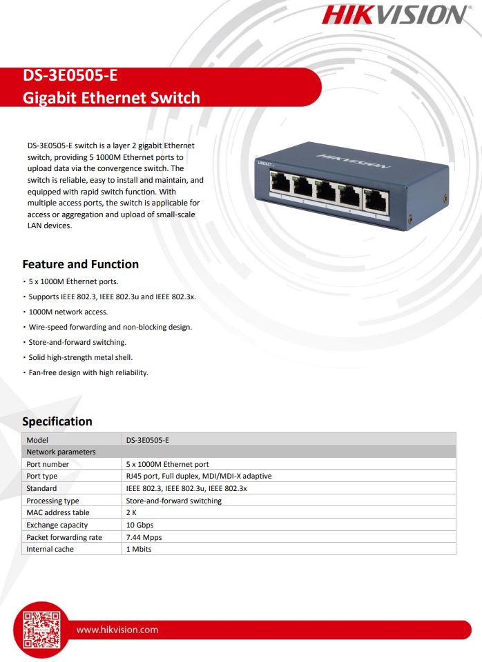 HIKVISION DS-3E0505-E 5 Port Gigabit Unmanaged Switch