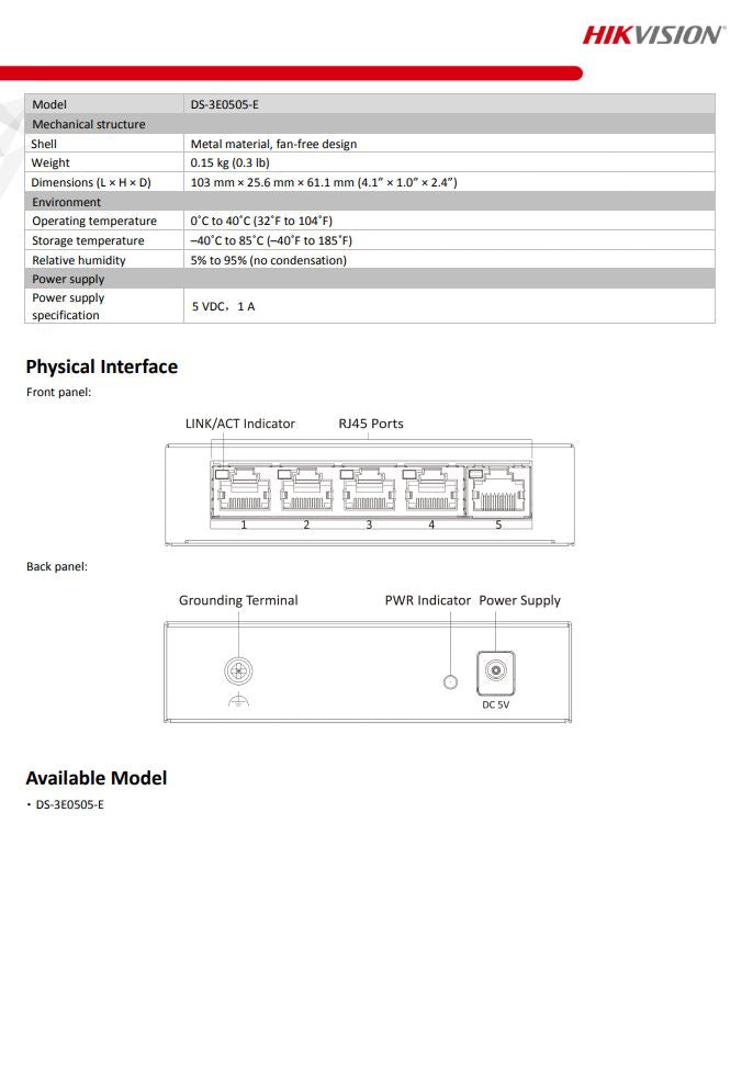 HIKVISION DS-3E0505-E 5 Port Gigabit Unmanaged Switch