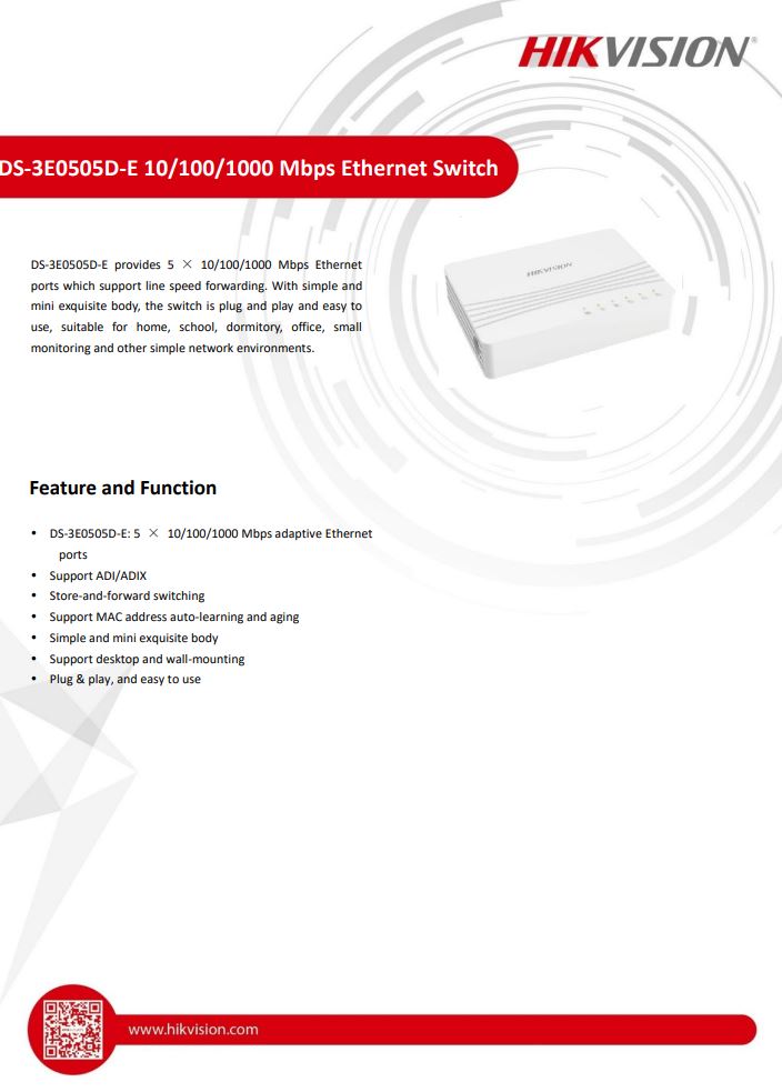 HIKVISION DS-3E0505D-E 5 Port Gigabit Unmanaged Desktop Switch