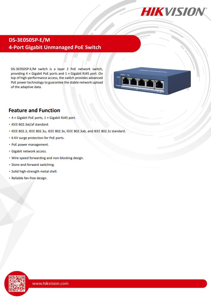 HIKVISION DS-3E0505P-E/M 4 Port Gigabit Unmanaged PoE Switch