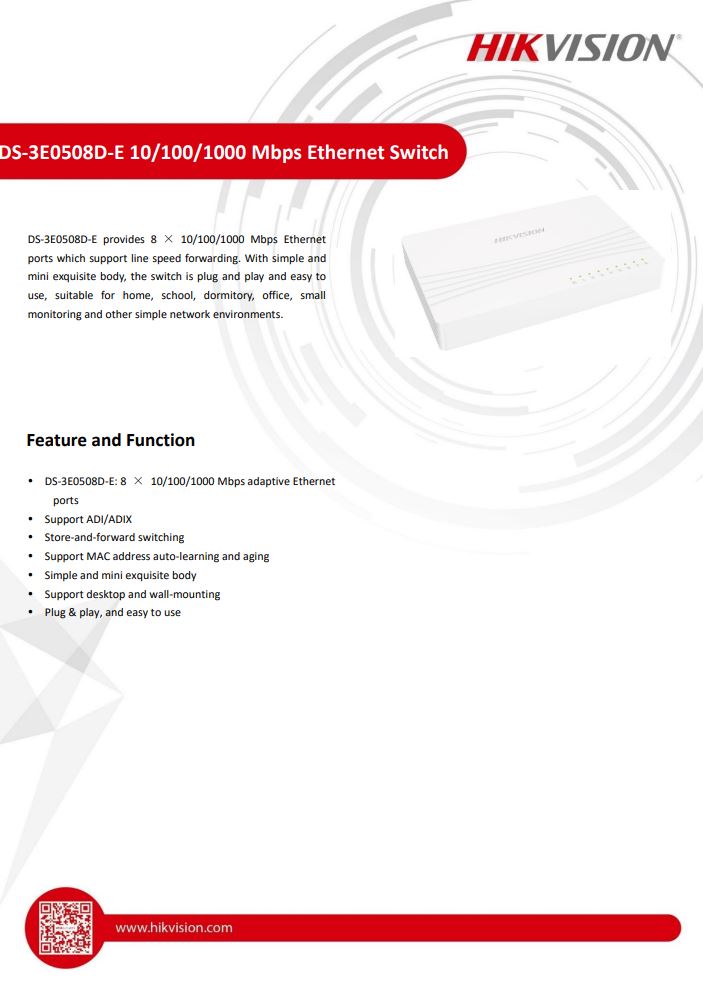 HIKVISION DS-3E0508D-E 8 Port Gigabit Unmanaged Desktop Switch