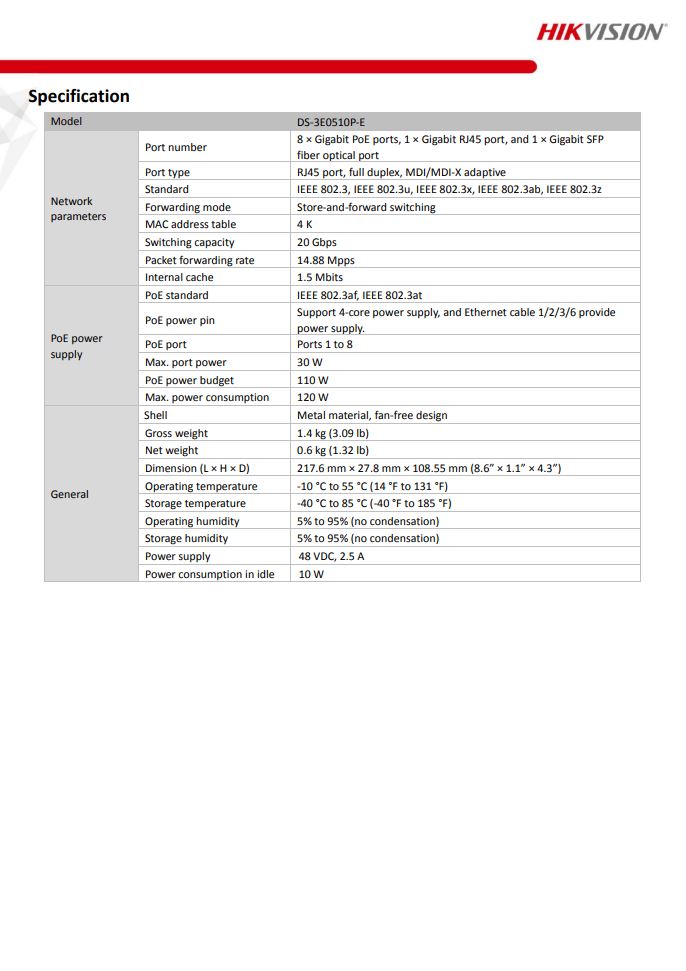 HIKVISION DS-3E0510P-E 8 Port Gigabit Unmanaged PoE Switch