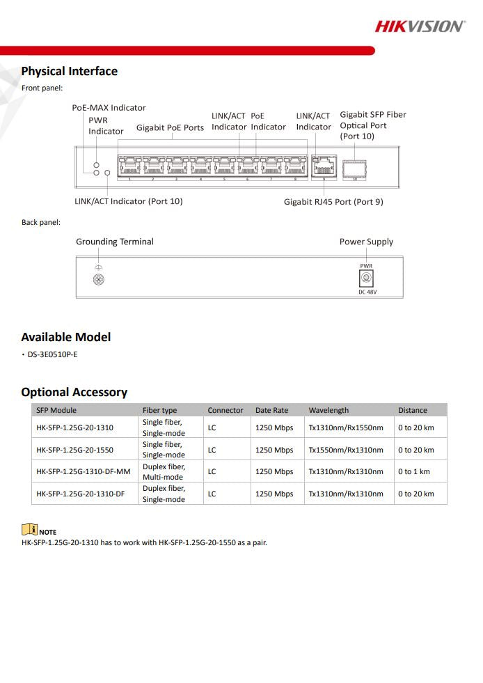 HIKVISION DS-3E0510P-E 8 Port Gigabit Unmanaged PoE Switch