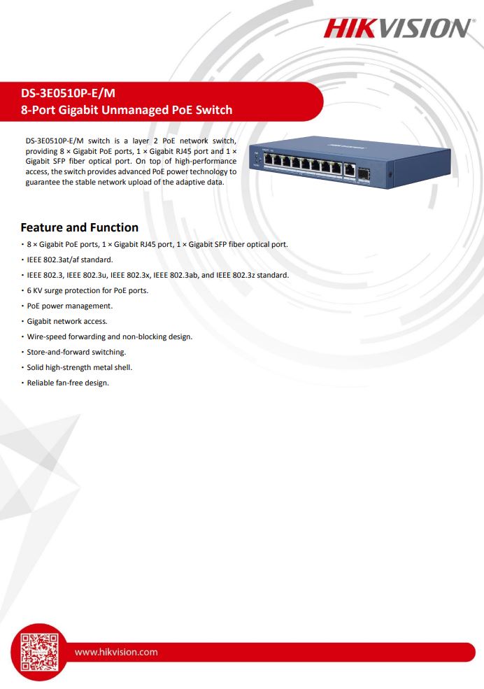 HIKVISION DS-3E0510P-E/M 8 Port Gigabit Unmanaged PoE Switch